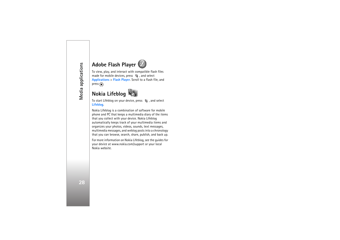 Adobe flash player, Nokia lifeblog, Adobe flash player nokia lifeblog | 28 adobe flash player | Nokia N76 User Manual | Page 60 / 157