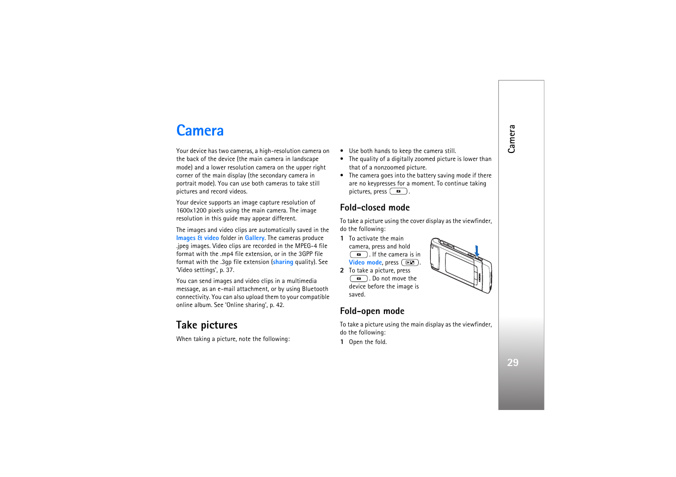 Camera, Take pictures, Fold-closed mode | Fold-open mode, Take pictures. see ‘take, Pictures’, p | Nokia N76 User Manual | Page 61 / 157