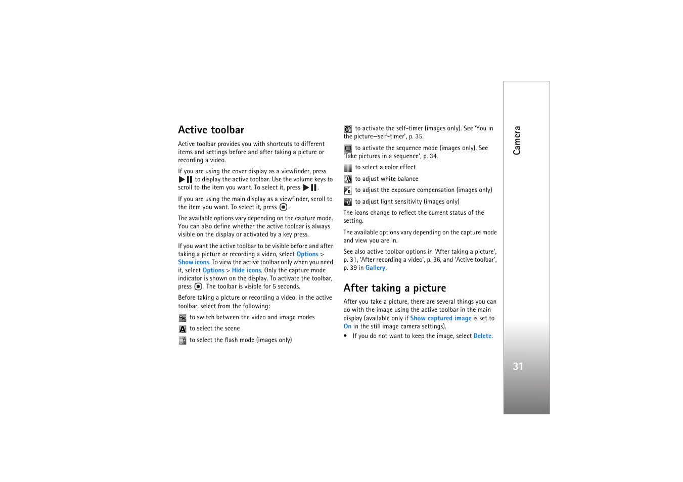 Active toolbar, After taking a picture, Active toolbar after taking a picture | Ure). see ‘active toolbar’, p. 31, 31 active toolbar, Camera | Nokia N76 User Manual | Page 63 / 157