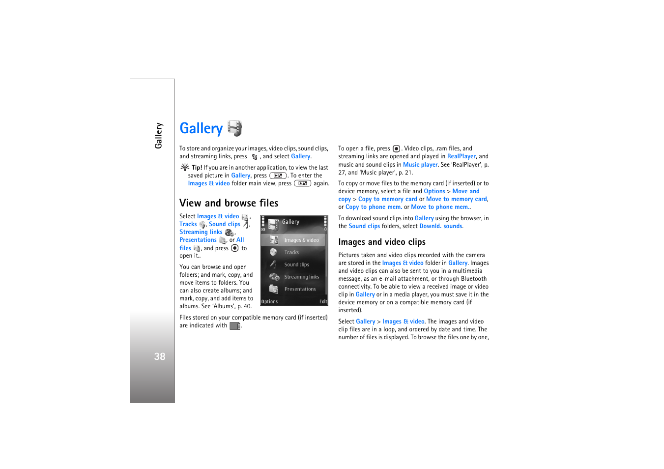 Gallery, View and browse files, Images and video clips | Nokia N76 User Manual | Page 70 / 157
