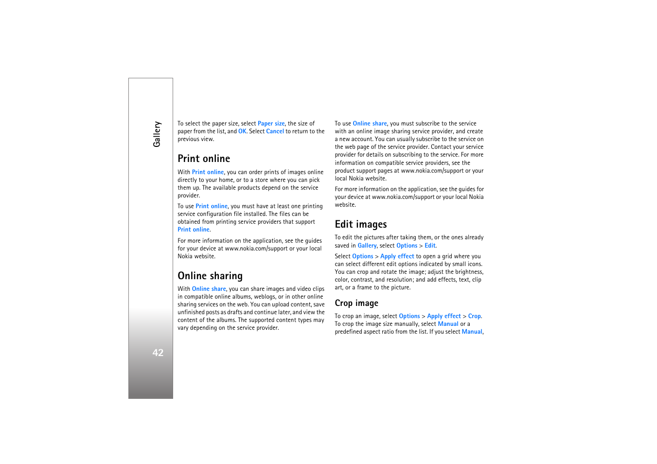 Print online, Online sharing, Edit images | Crop image, Print online online sharing edit images, Online sharing’, p. 42. this, Edit images’, p. 42, Gallery | Nokia N76 User Manual | Page 74 / 157