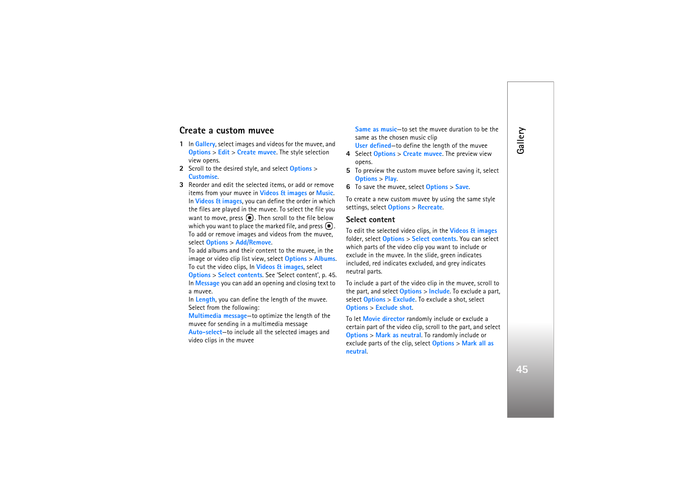 Create a custom muvee, Select content, Gallery | Nokia N76 User Manual | Page 77 / 157