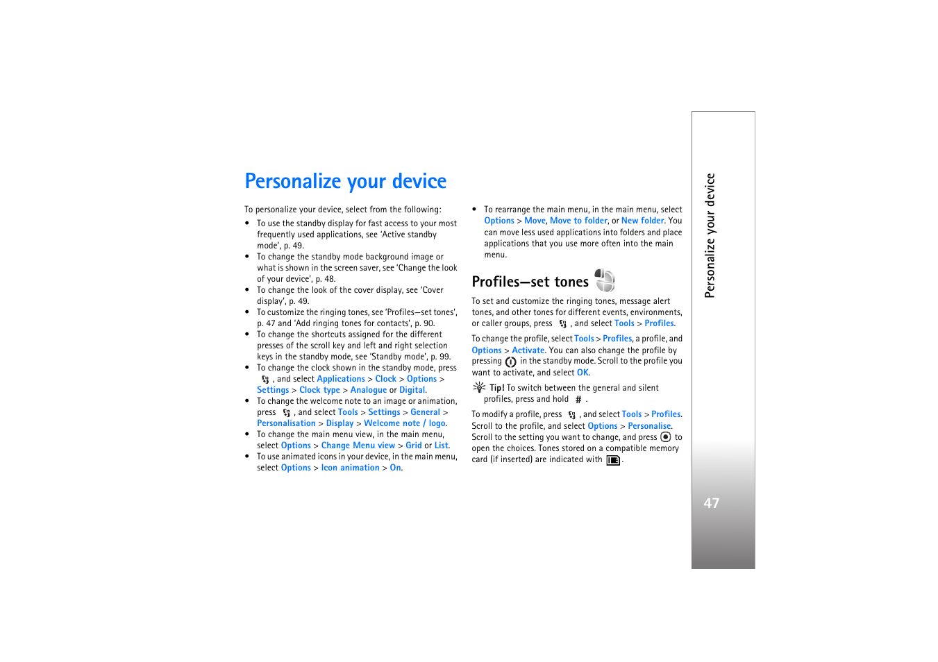 Personalize your device, Profiles—set tones | Nokia N76 User Manual | Page 79 / 157