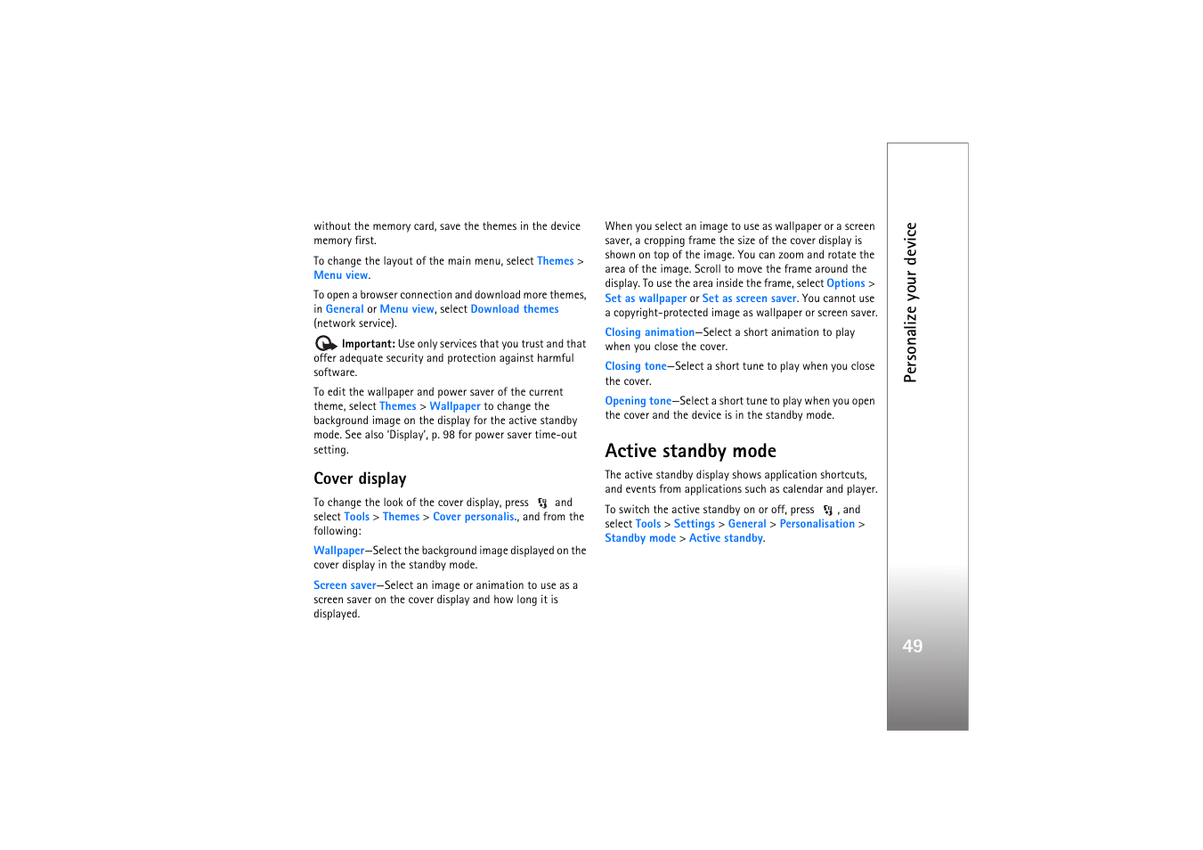 Cover display, Active standby mode, Ee ‘cover display | P. 49. if you are, E ‘active standby mode’, p. 49, Y, see ‘cover, Display’, p. 49, Personalize your device | Nokia N76 User Manual | Page 81 / 157
