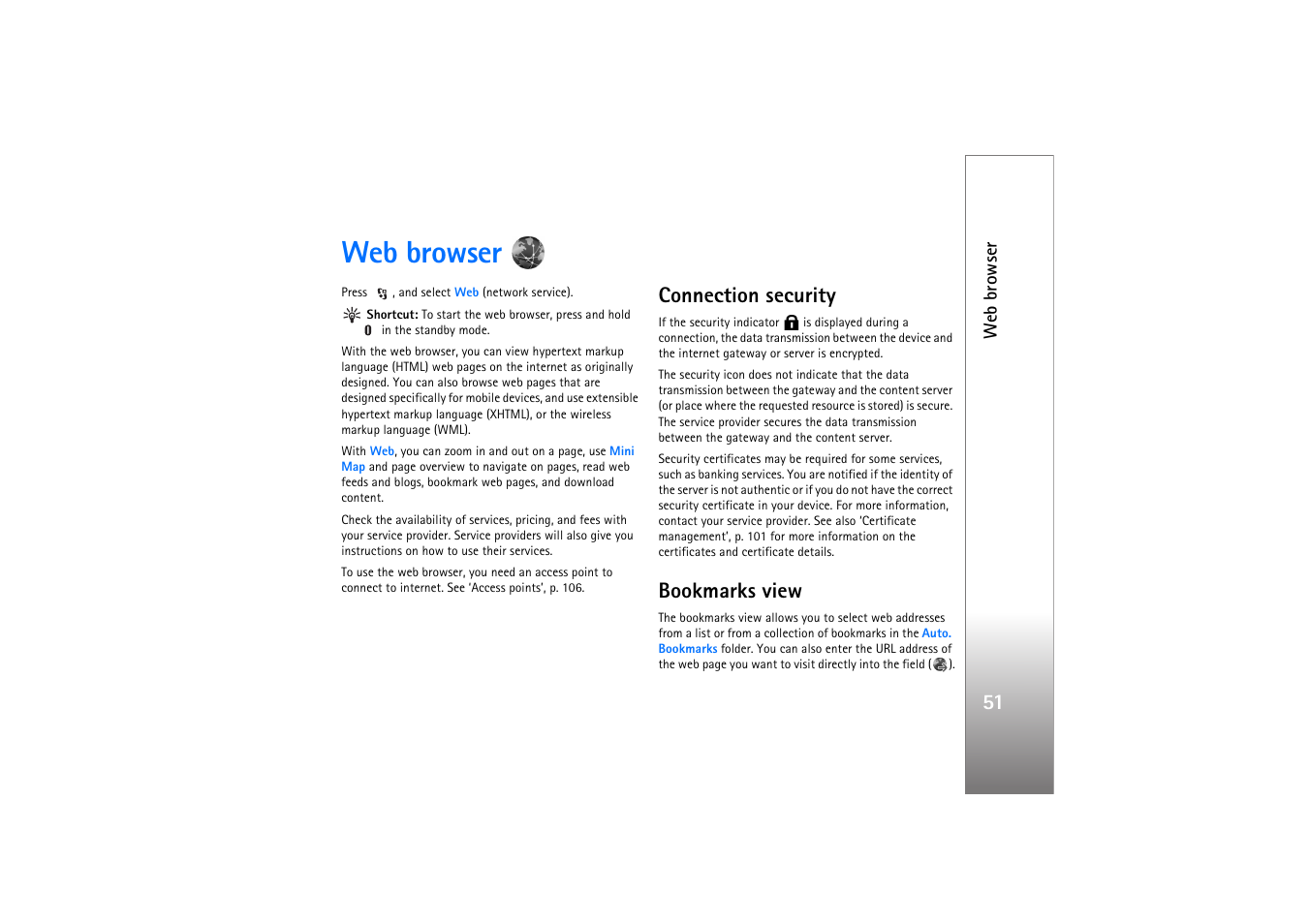 Web browser, Connection security, Bookmarks view | Connection security bookmarks view | Nokia N76 User Manual | Page 83 / 157