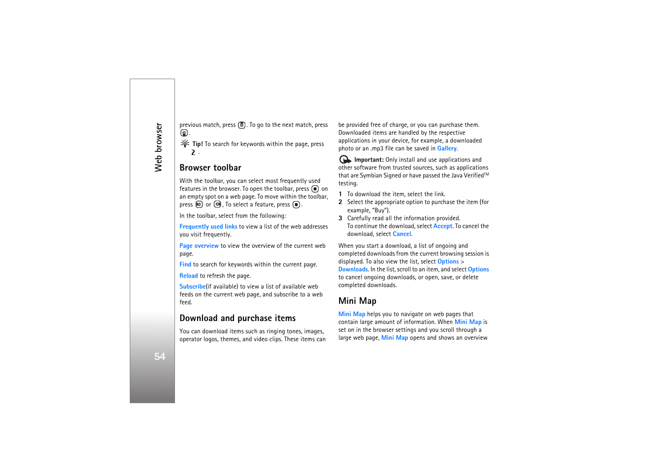 Browser toolbar, Download and purchase items, Mini map | Web browser | Nokia N76 User Manual | Page 86 / 157