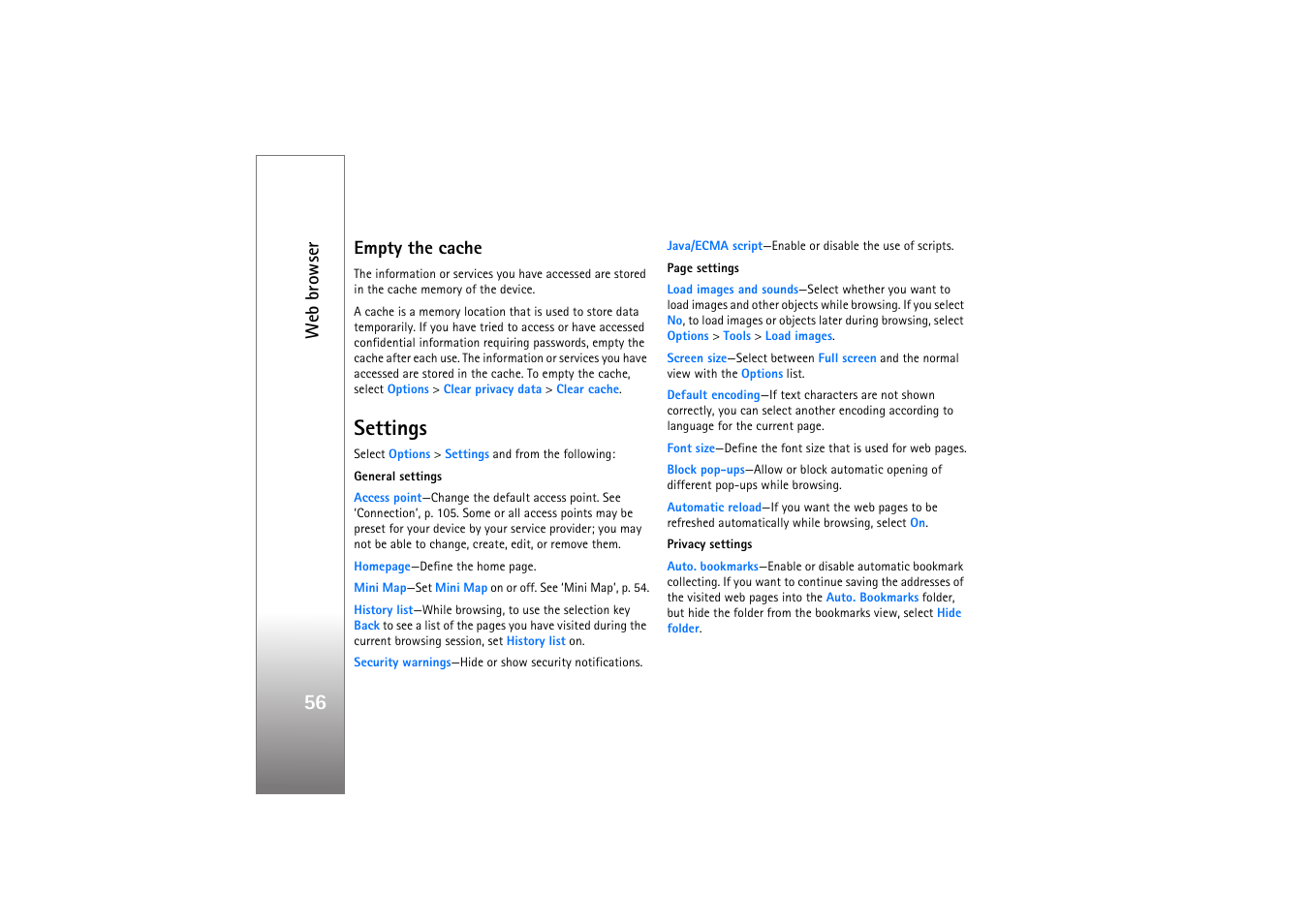 Empty the cache, Settings, Web browser | Nokia N76 User Manual | Page 88 / 157