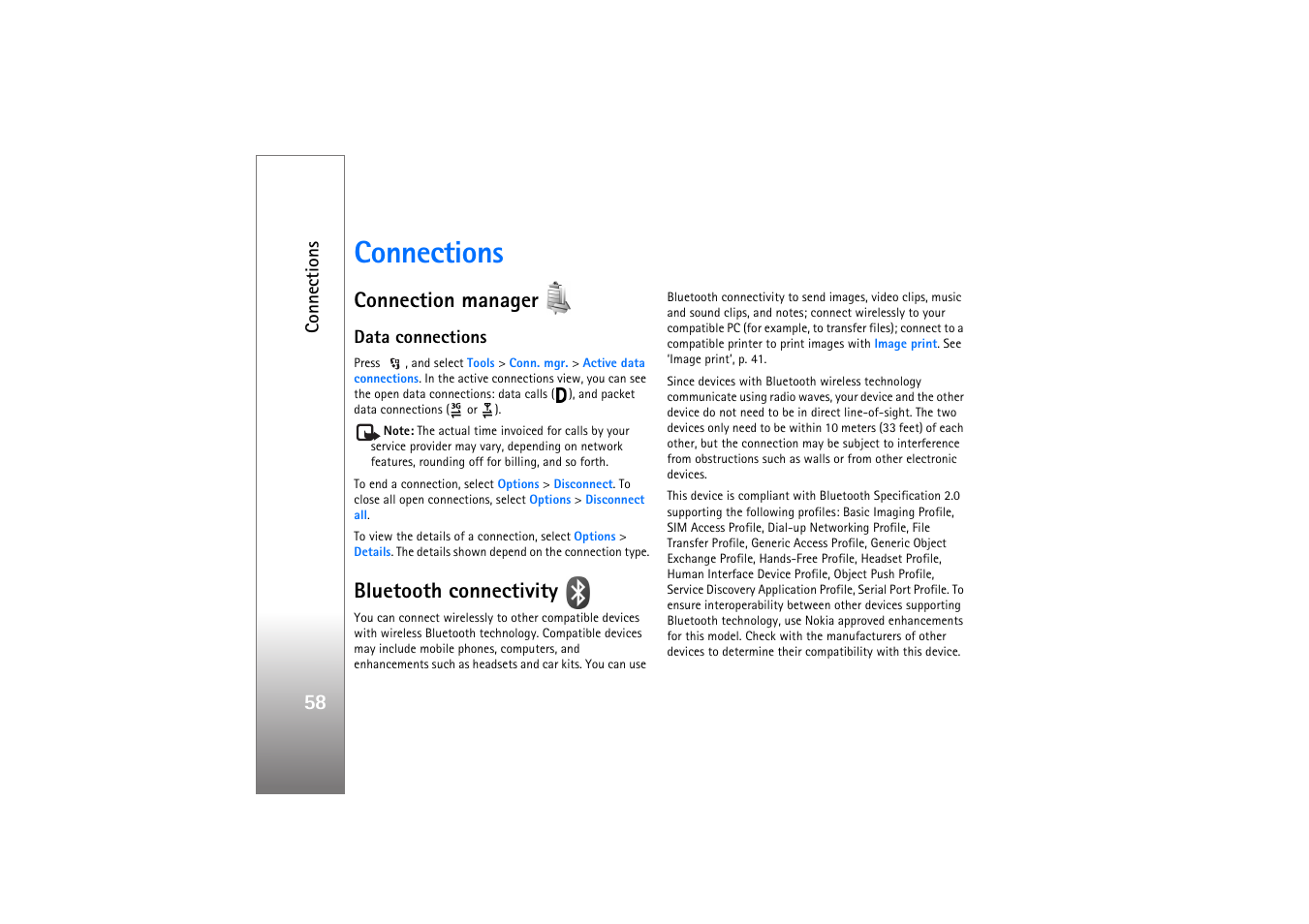 Connections, Connection manager, Data connections | Bluetooth connectivity, Connection manager bluetooth connectivity, Ts. see ‘bluetooth connectivity’, p. 58, 58, an | Nokia N76 User Manual | Page 90 / 157