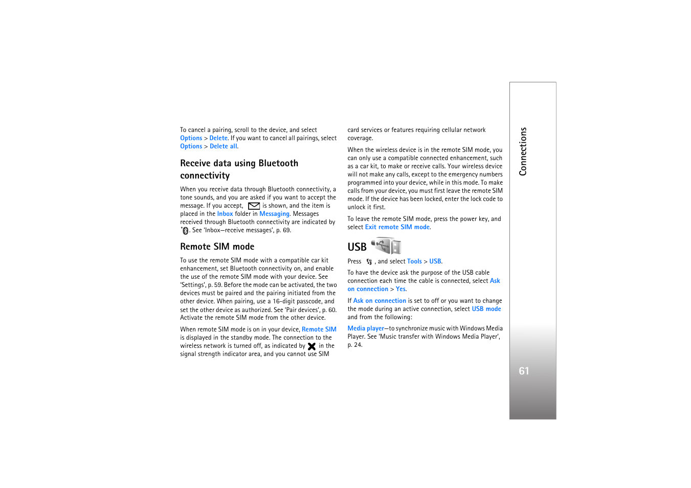 Receive data using bluetooth connectivity, Remote sim mode, E ‘usb’, p. 61 | E ‘remote sim mode’, p. 61, Connections | Nokia N76 User Manual | Page 93 / 157