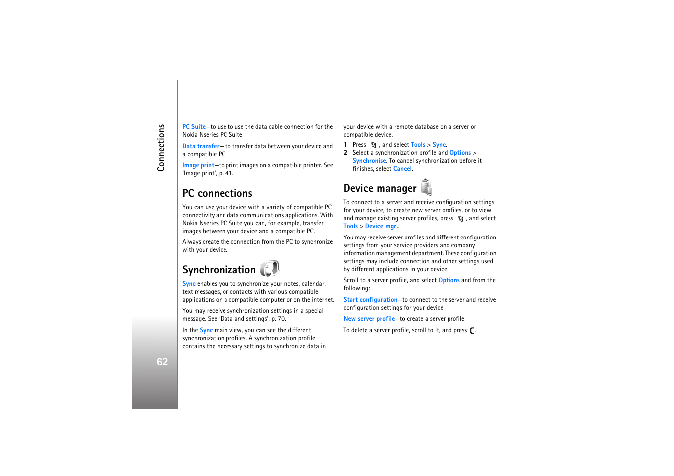 Pc connections, Synchronization, Device manager | Pc connections synchronization device manager, Connections | Nokia N76 User Manual | Page 94 / 157