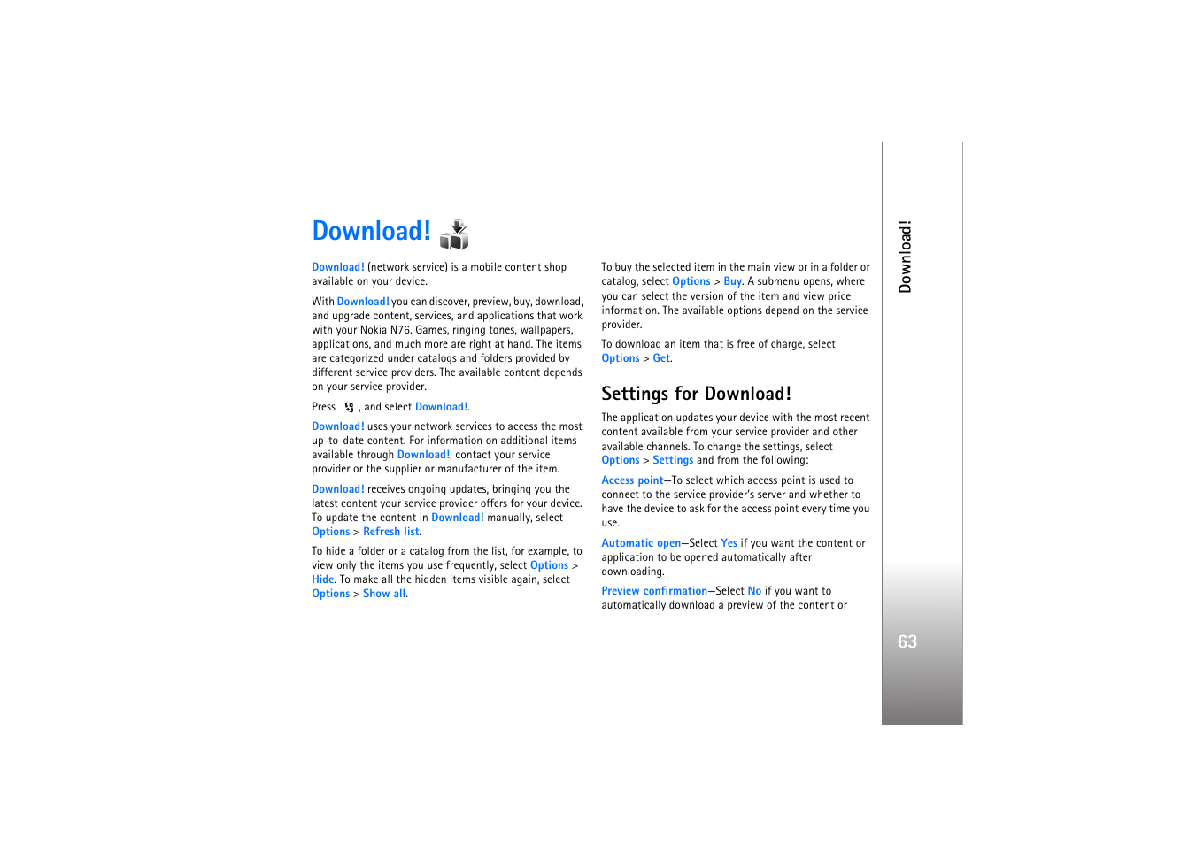 Download, Settings for download | Nokia N76 User Manual | Page 95 / 157