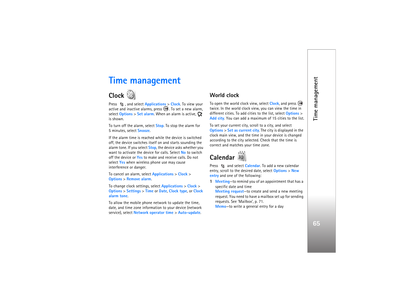 Time management, Clock, World clock | Calendar, Clock calendar, Time manag ement | Nokia N76 User Manual | Page 97 / 157