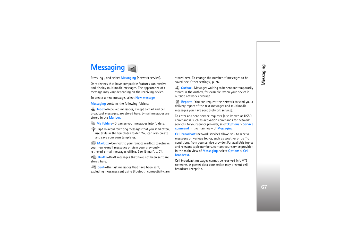 Messaging, Messaging’, p. 67, Messaging’, p. 67, ‘bluetooth connectivity | Ation, see ‘messaging | Nokia N76 User Manual | Page 99 / 157