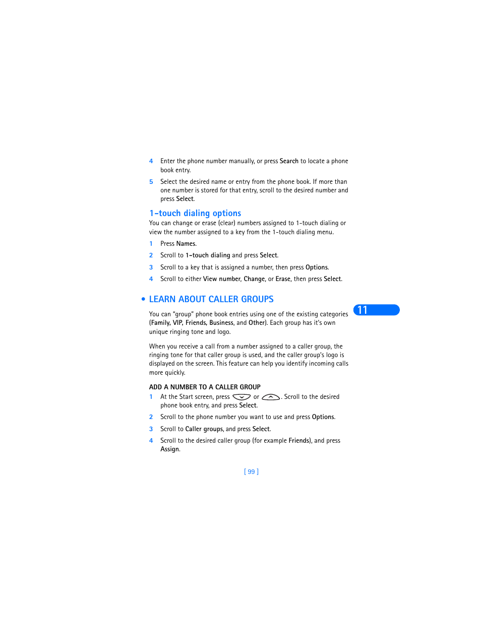Touch dialing options, Learn about caller groups | Nokia 6385 User Manual | Page 105 / 194