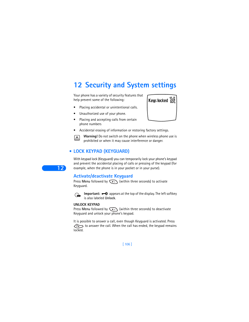 12 security and system settings, Lock keypad (keyguard), Activate/deactivate keyguard | Nokia 6385 User Manual | Page 112 / 194