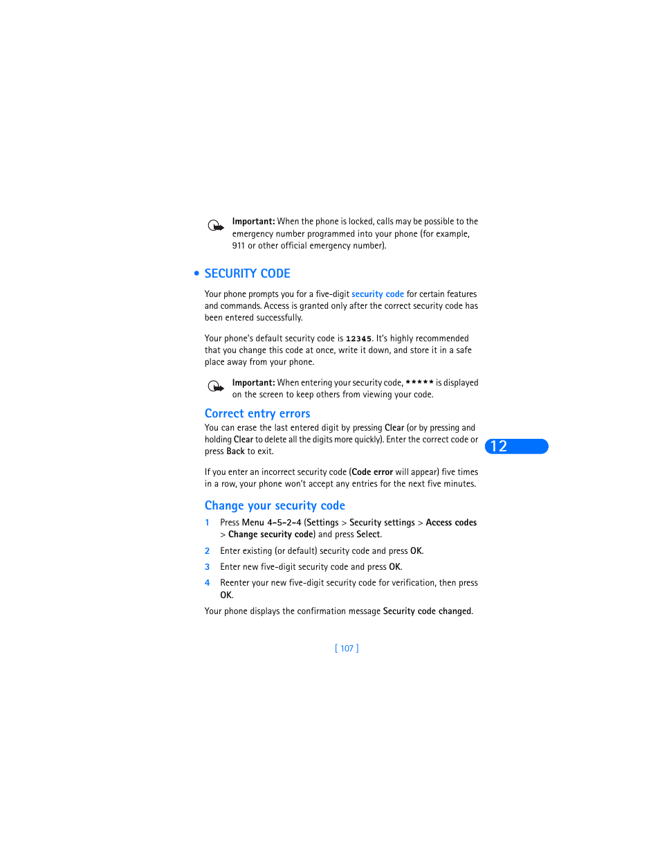 Security code, Correct entry errors, Change your security code | Nokia 6385 User Manual | Page 113 / 194