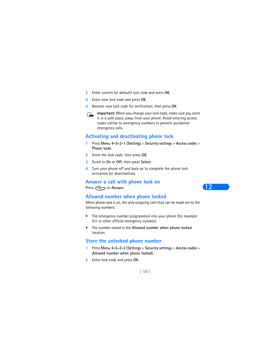 Activating and deactivating phone lock, Answer a call with phone lock on, Allowed number when phone locked | Store the unlocked phone number | Nokia 6385 User Manual | Page 115 / 194