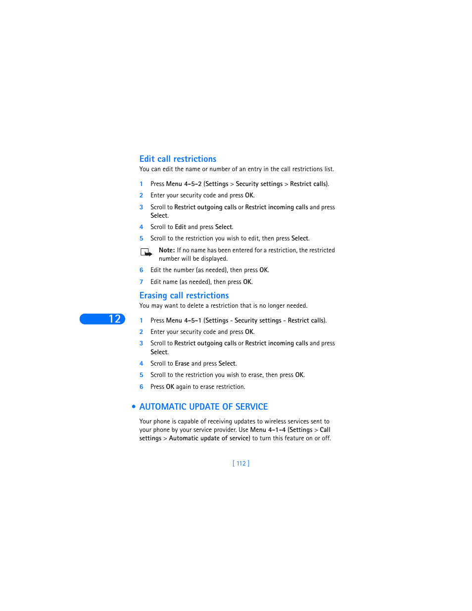 Edit call restrictions, Erasing call restrictions, Automatic update of service | Nokia 6385 User Manual | Page 118 / 194