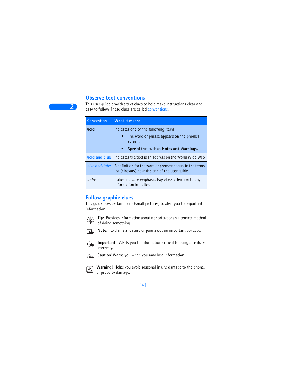 Observe text conventions, Follow graphic clues | Nokia 6385 User Manual | Page 12 / 194