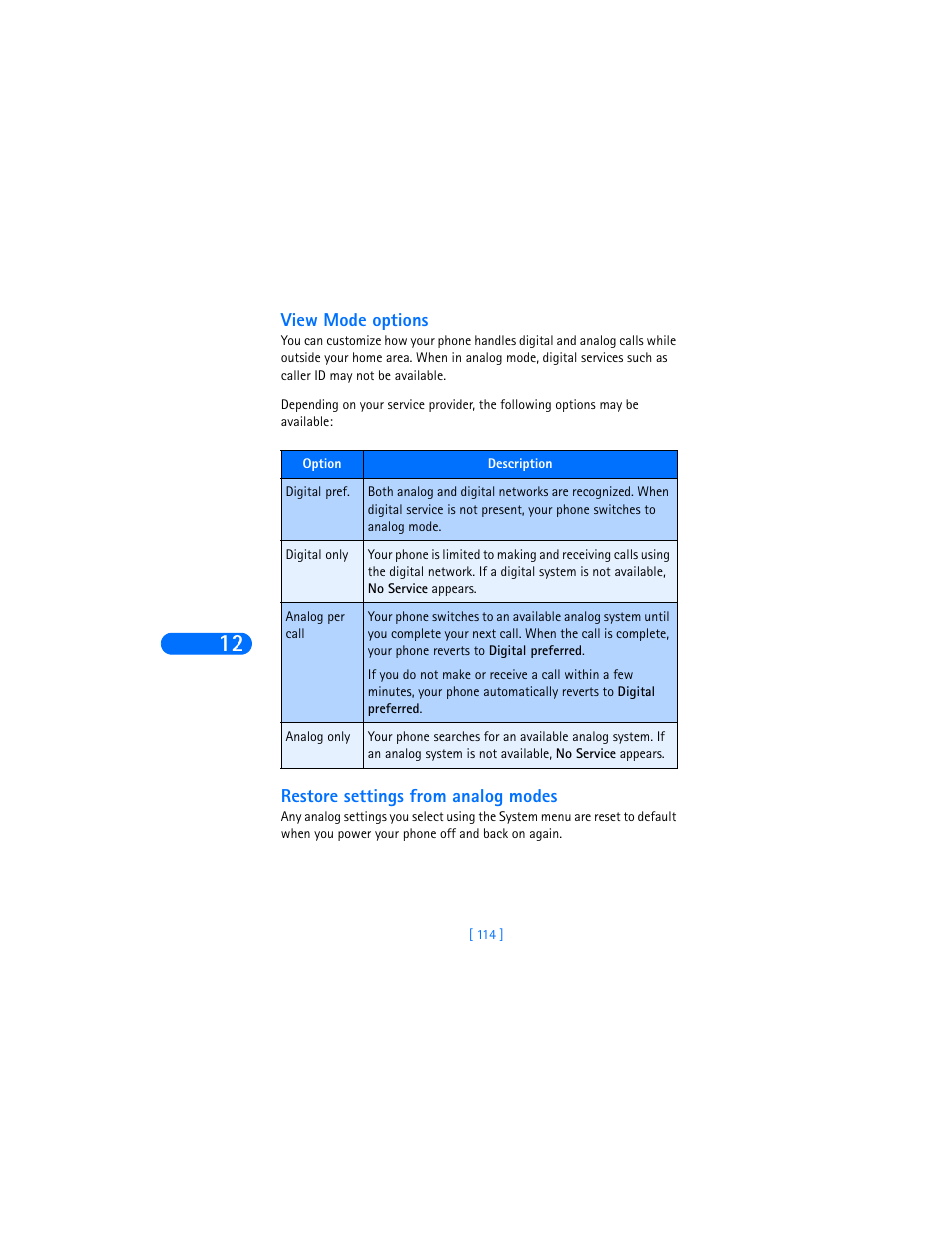 View mode options, Restore settings from analog modes | Nokia 6385 User Manual | Page 120 / 194