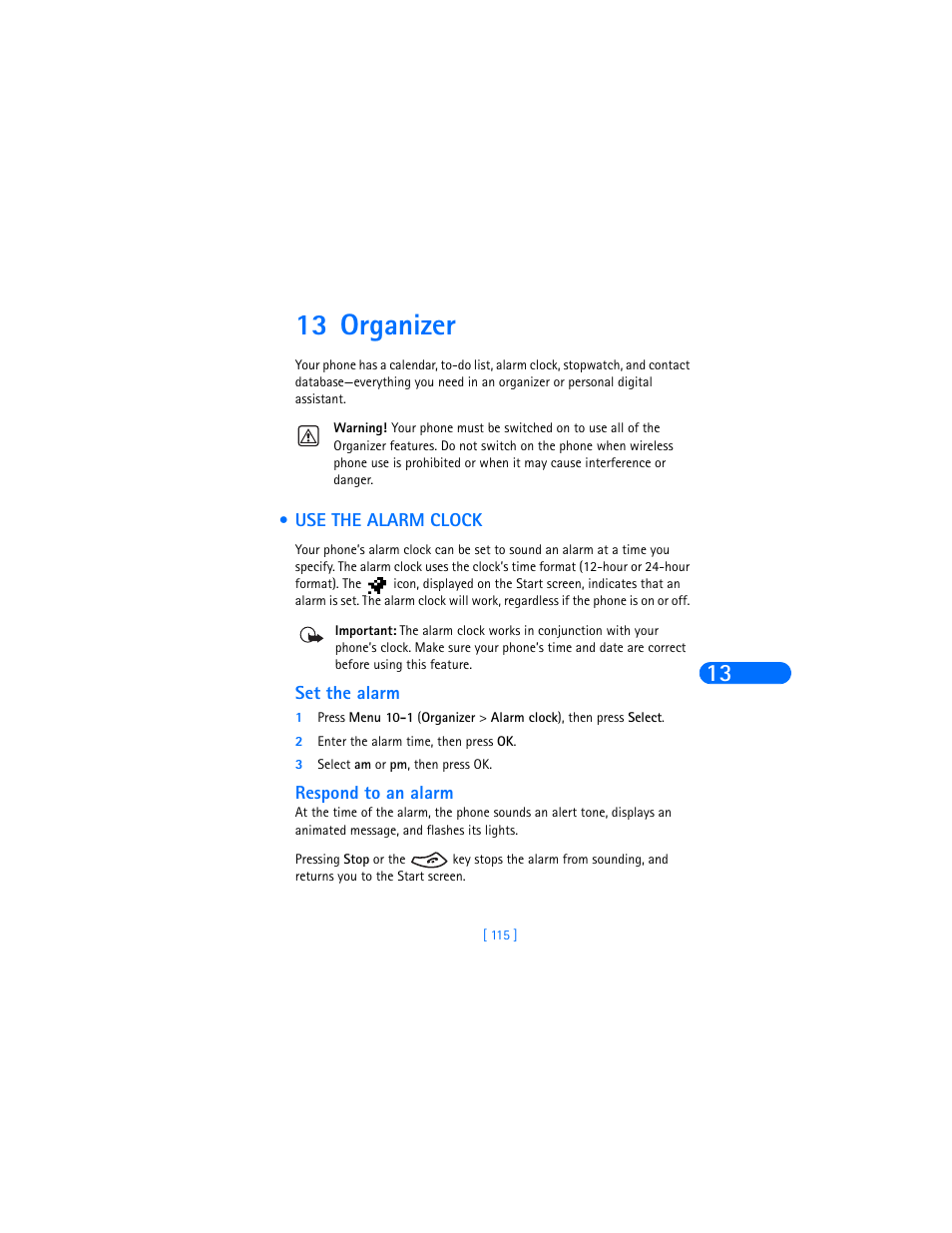 13 organizer, Use the alarm clock, Set the alarm | Respond to an alarm | Nokia 6385 User Manual | Page 121 / 194