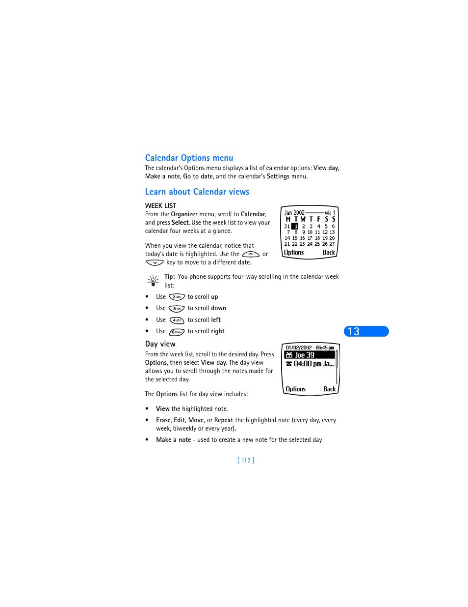 Calendar options menu, Learn about calendar views | Nokia 6385 User Manual | Page 123 / 194