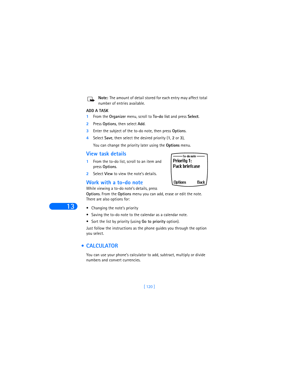 View task details, Work with a to-do note, Calculator | Nokia 6385 User Manual | Page 126 / 194