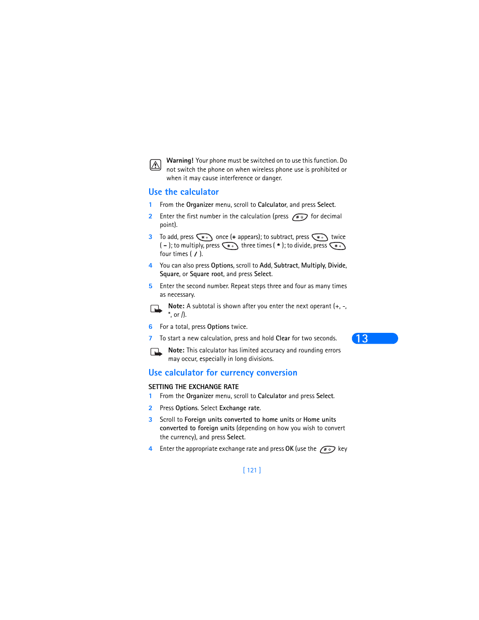 Use the calculator, Use calculator for currency conversion | Nokia 6385 User Manual | Page 127 / 194