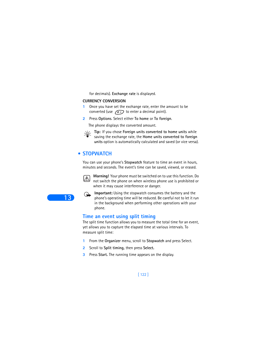Stopwatch, Time an event using split timing | Nokia 6385 User Manual | Page 128 / 194