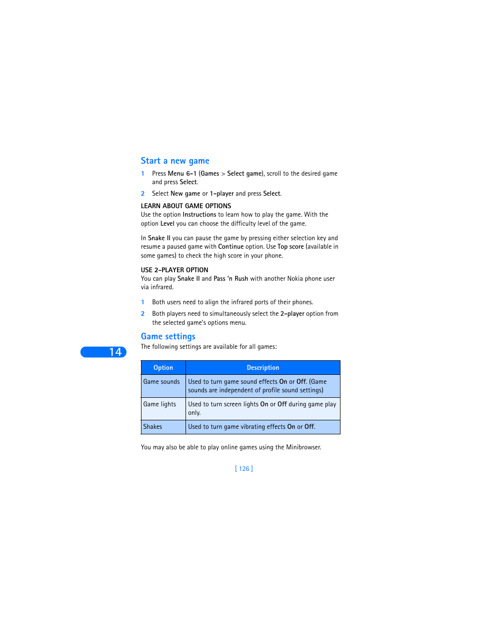 Start a new game, Game settings | Nokia 6385 User Manual | Page 132 / 194