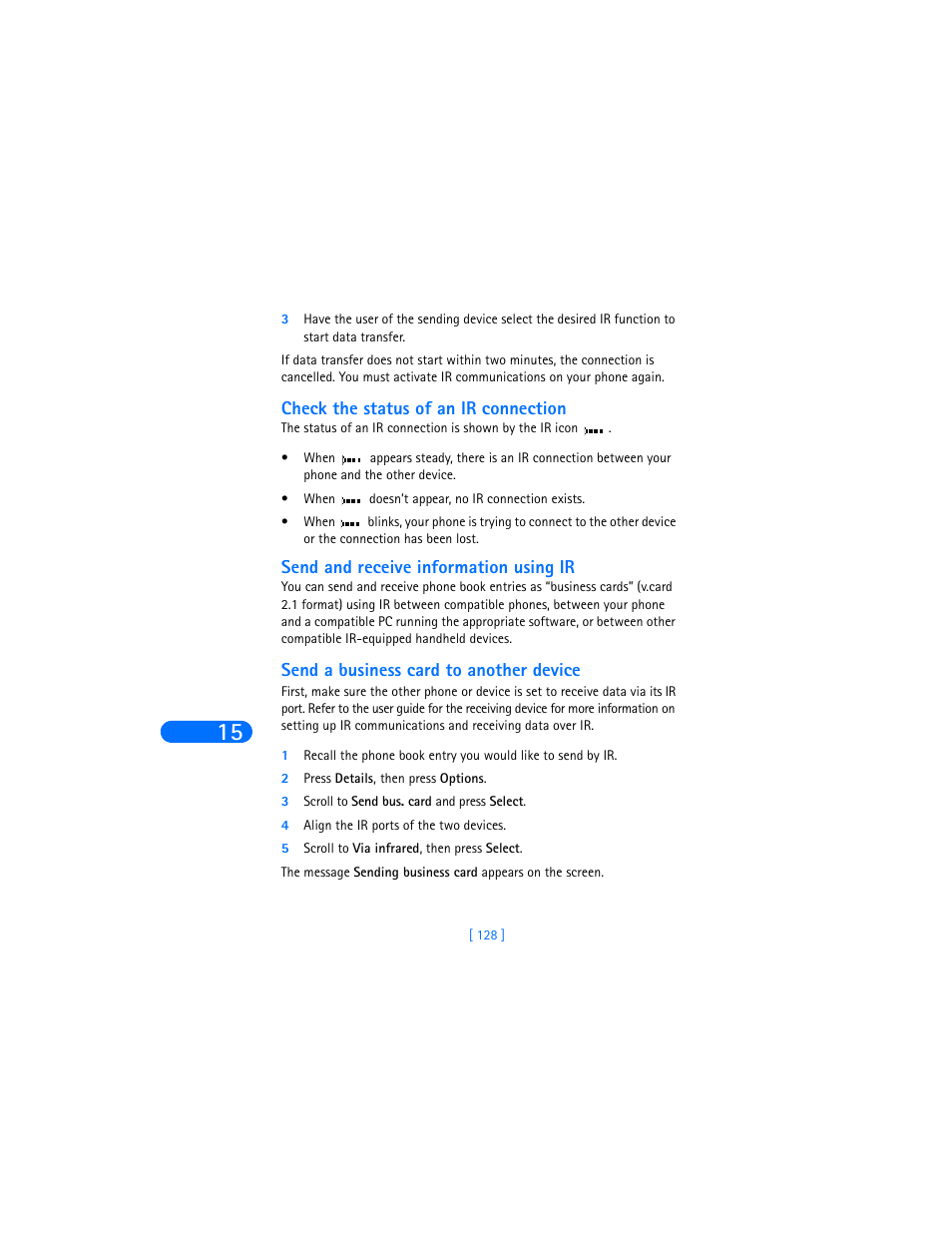 Check the status of an ir connection, Send and receive information using ir, Send a business card to another device | Nokia 6385 User Manual | Page 134 / 194