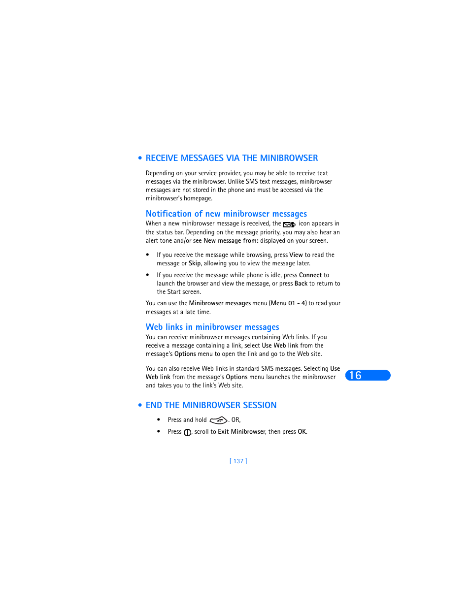 Receive messages via the minibrowser, Notification of new minibrowser messages, Web links in minibrowser messages | End the minibrowser session | Nokia 6385 User Manual | Page 143 / 194