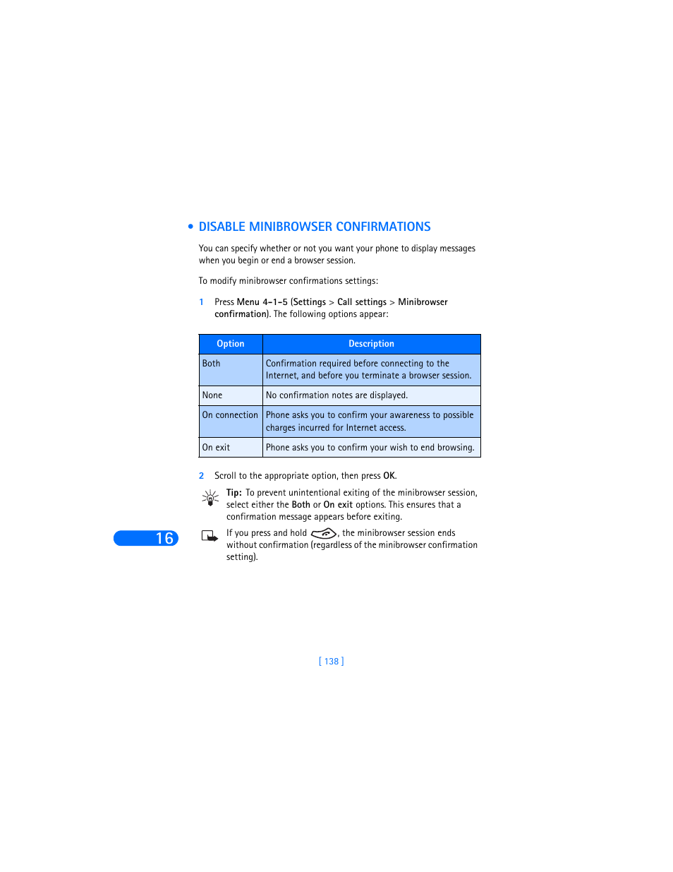 Disable minibrowser confirmations | Nokia 6385 User Manual | Page 144 / 194