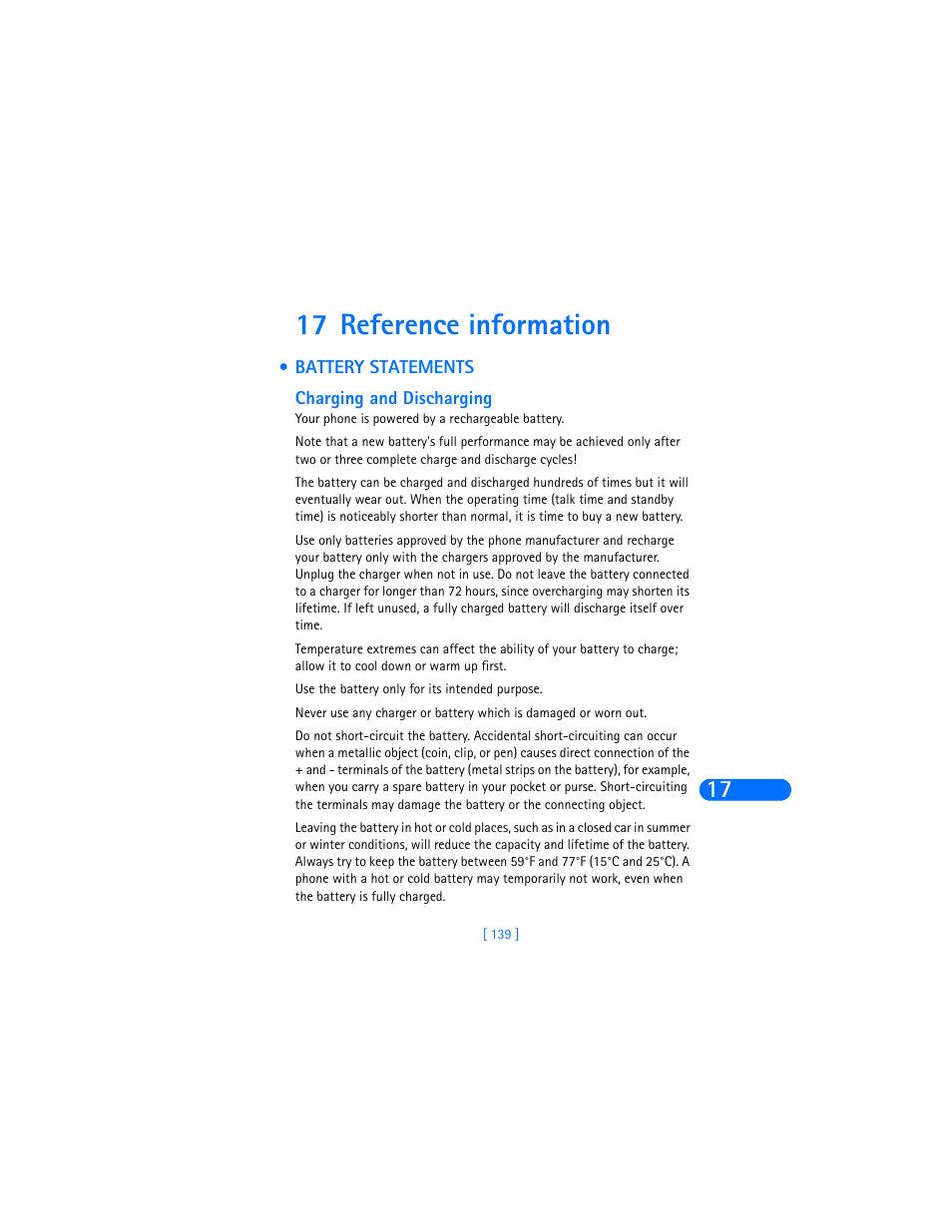 17 reference information, Battery statements, Charging and discharging | Nokia 6385 User Manual | Page 145 / 194