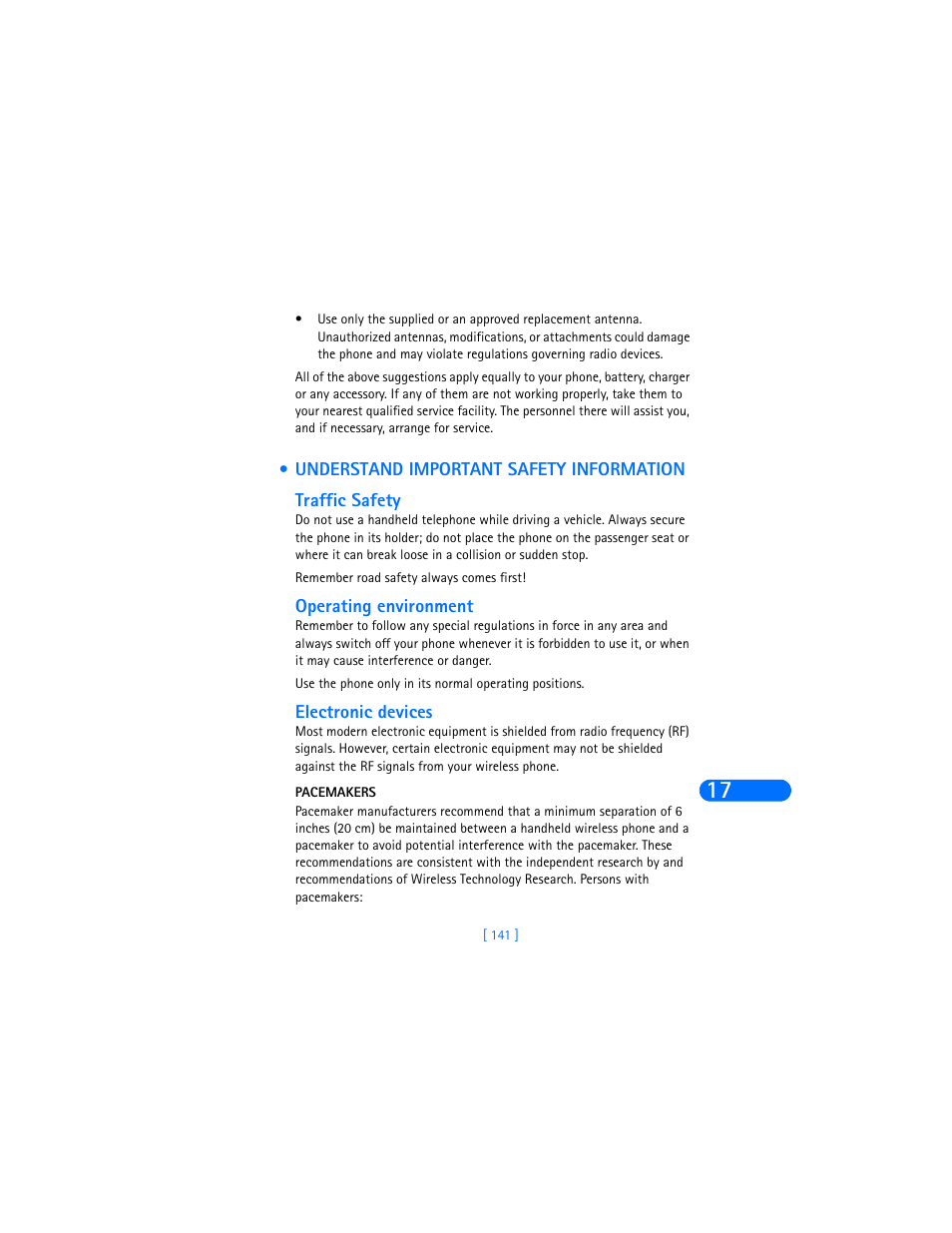 Understand important safety information, Traffic safety, Operating environment | Electronic devices | Nokia 6385 User Manual | Page 147 / 194
