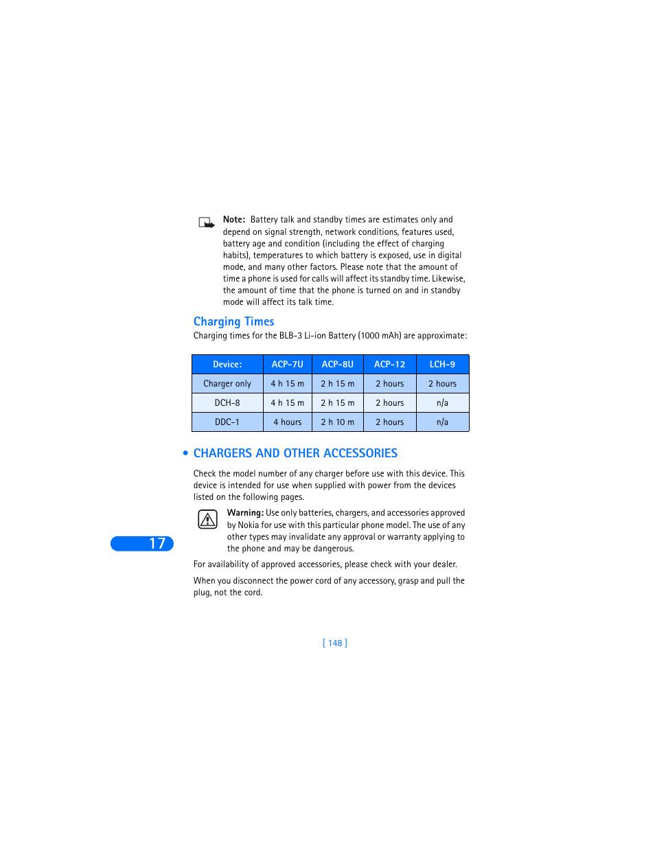Charging times, Chargers and other accessories | Nokia 6385 User Manual | Page 154 / 194