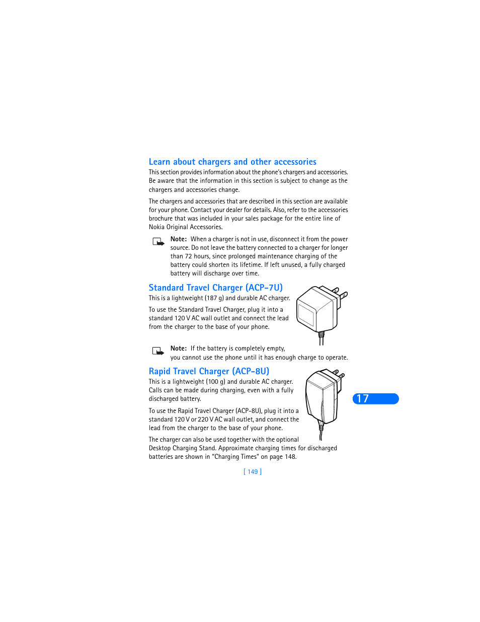 Learn about chargers and other accessories, Standard travel charger (acp-7u), Rapid travel charger (acp-8u) | Nokia 6385 User Manual | Page 155 / 194
