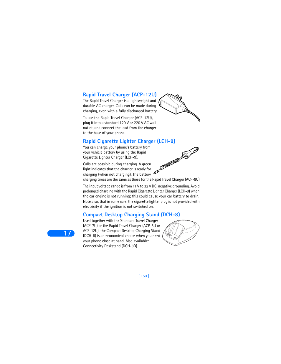 Rapid travel charger (acp-12u), Rapid cigarette lighter charger (lch-9), Compact desktop charging stand (dch-8) | Nokia 6385 User Manual | Page 156 / 194