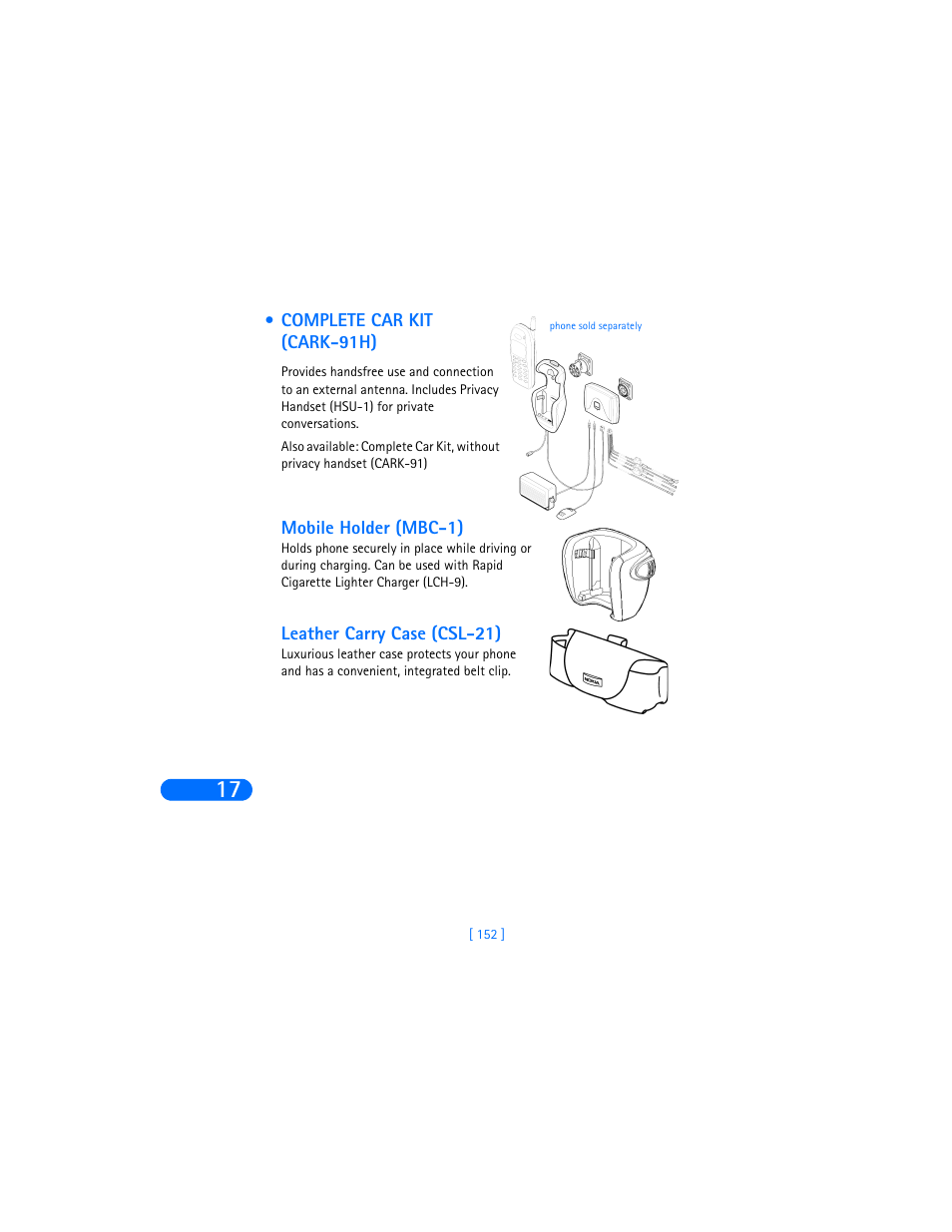 Complete car kit (cark-91h), Mobile holder (mbc-1), Leather carry case (csl-21) | Complete car kit, Cark-91h) | Nokia 6385 User Manual | Page 158 / 194