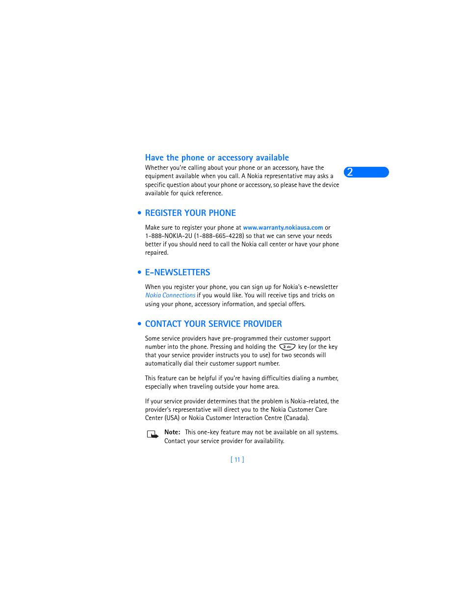 Have the phone or accessory available, Register your phone, E-newsletters | Contact your service provider | Nokia 6385 User Manual | Page 17 / 194