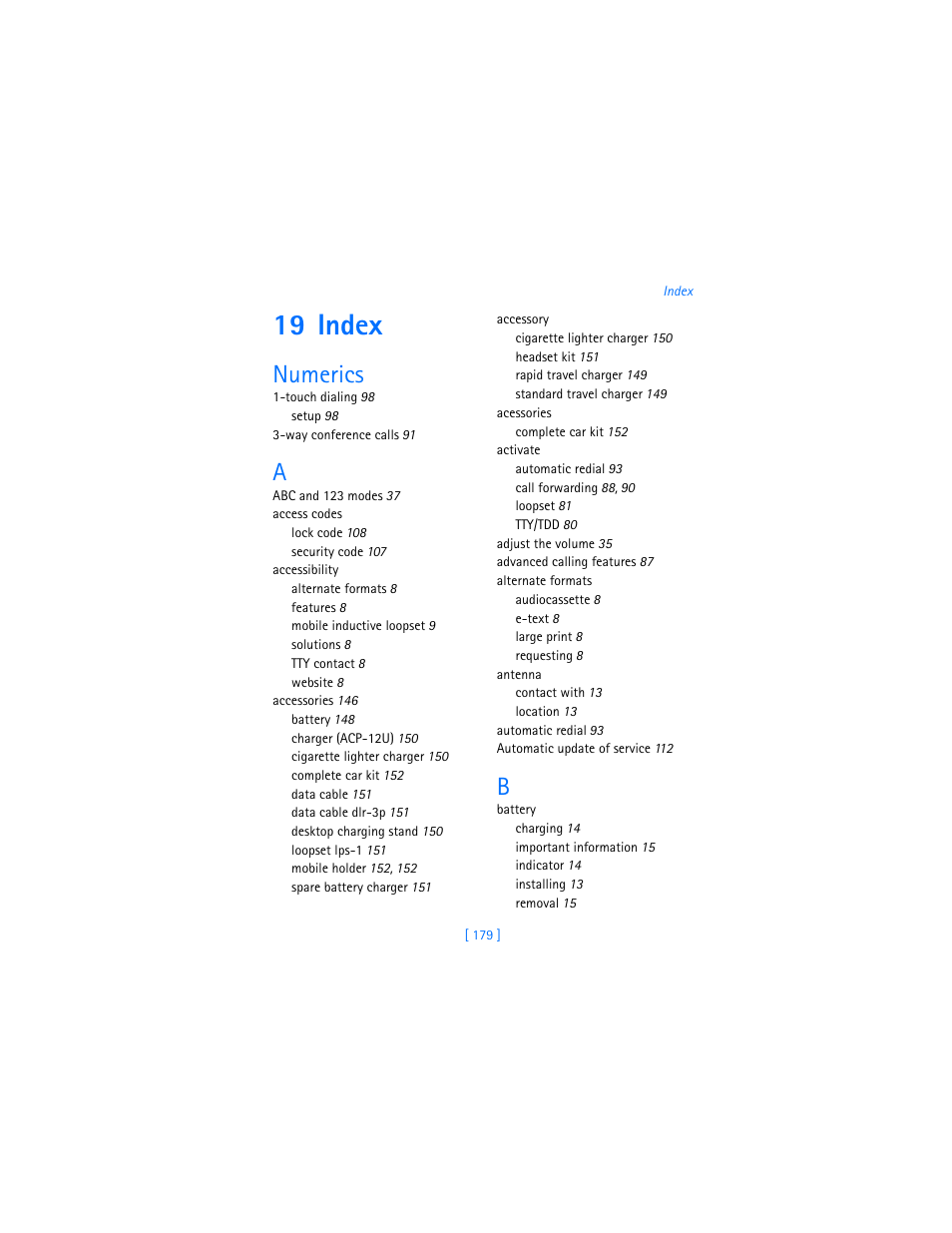 19 index, Numerics | Nokia 6385 User Manual | Page 185 / 194