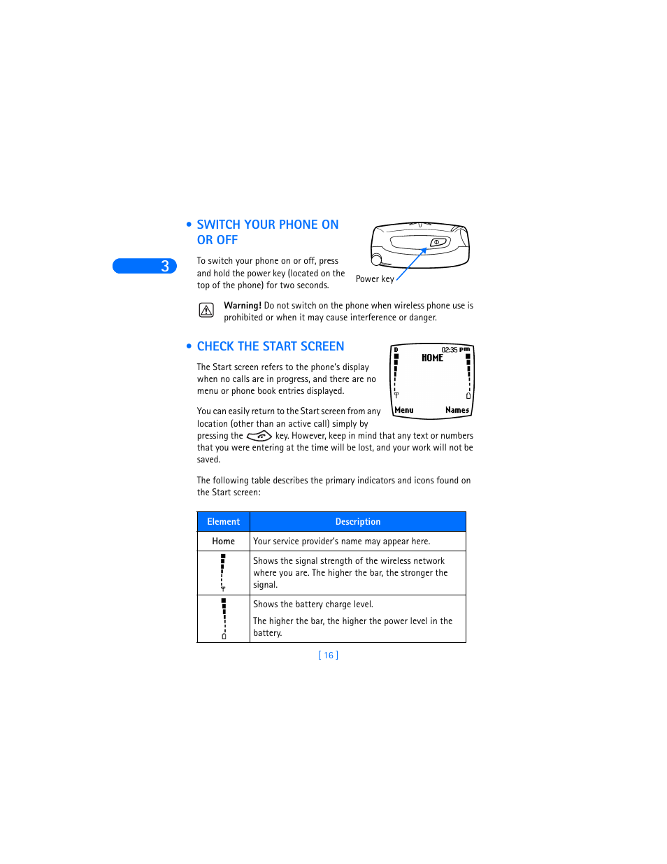Switch your phone on or off, Check the start screen, Switch your phone on or off check the start screen | Nokia 6385 User Manual | Page 22 / 194