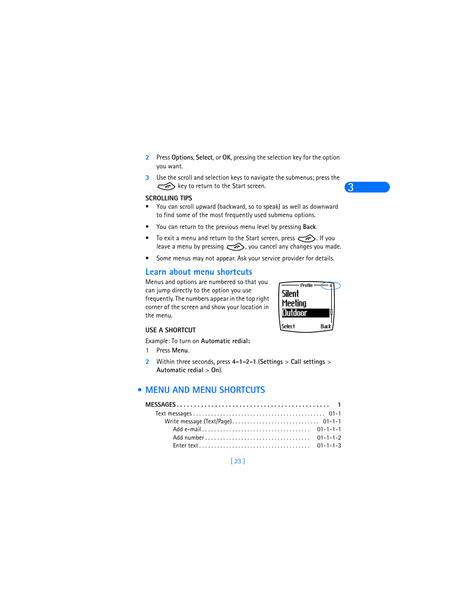 Learn about menu shortcuts, Menu and menu shortcuts | Nokia 6385 User Manual | Page 29 / 194