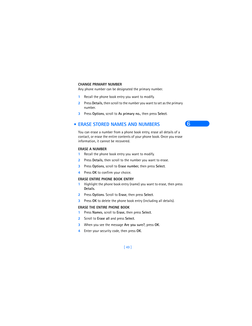Erase stored names and numbers | Nokia 6385 User Manual | Page 55 / 194