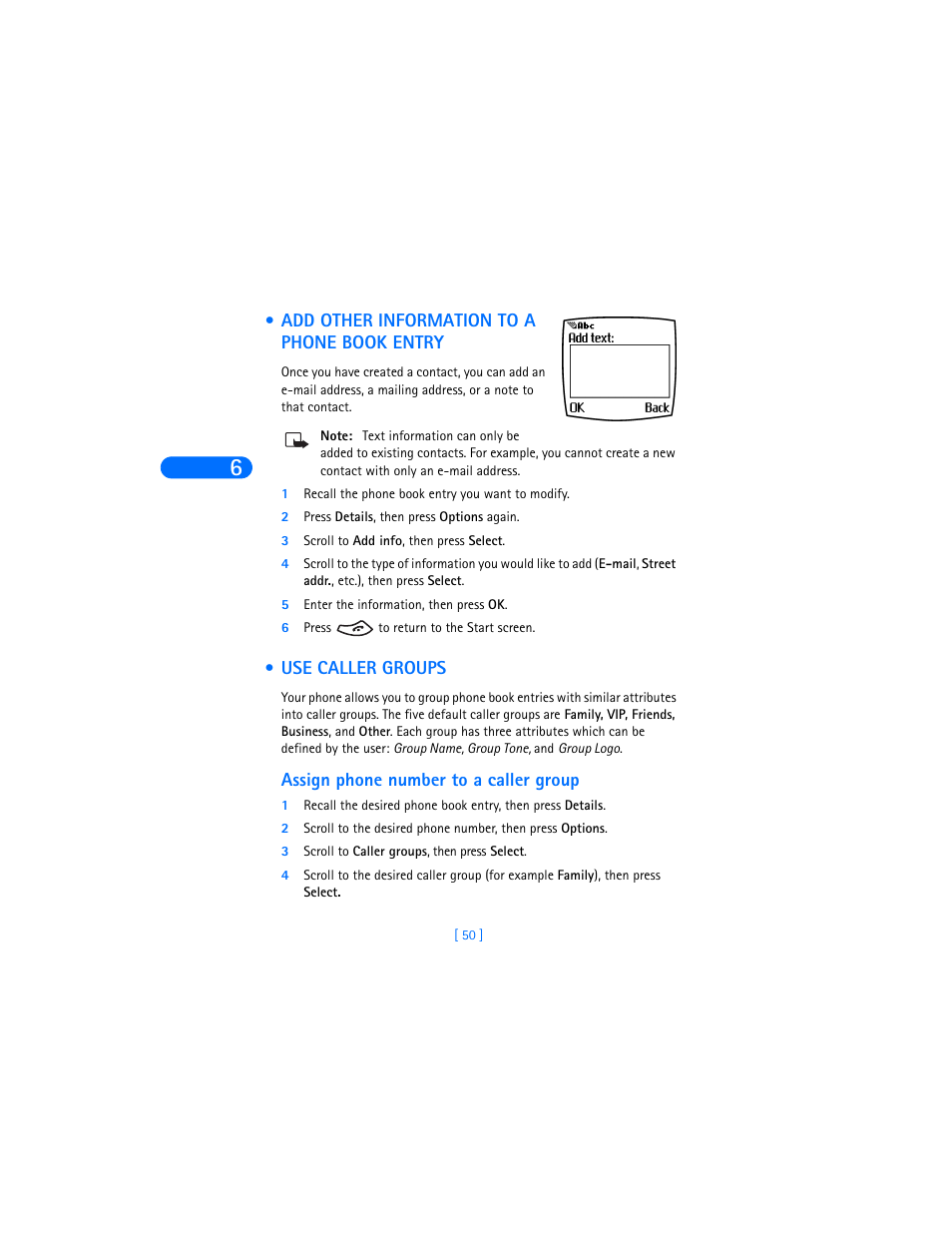 Add other information to a phone book entry, Use caller groups, Assign phone number to a caller group | Nokia 6385 User Manual | Page 56 / 194