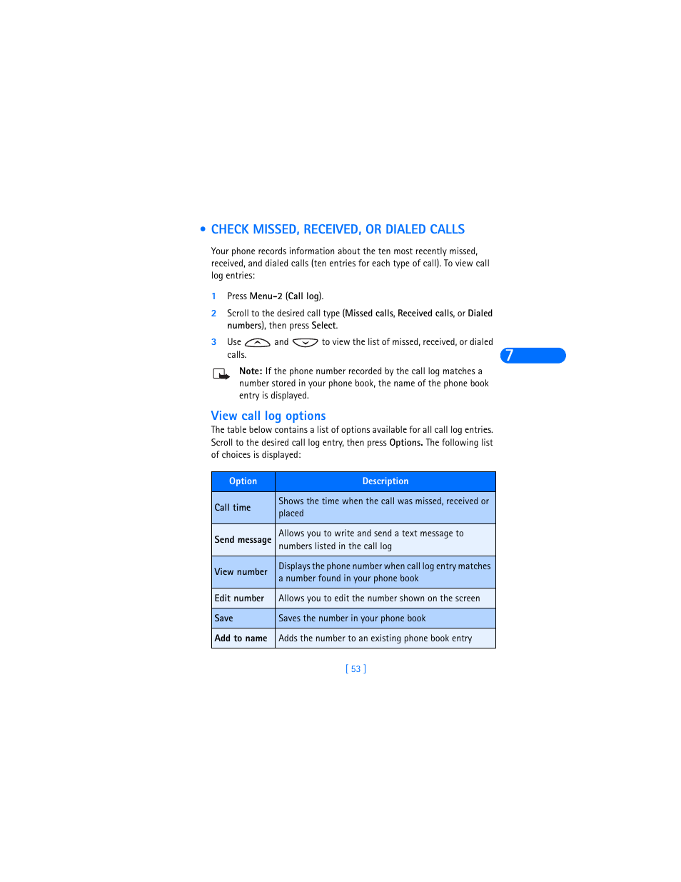 Check missed, received, or dialed calls, View call log options | Nokia 6385 User Manual | Page 59 / 194