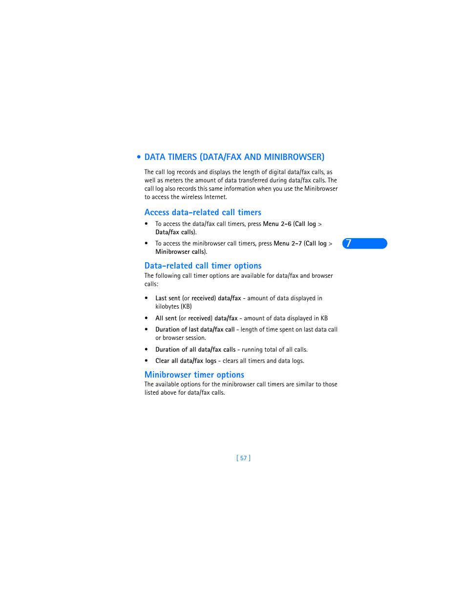 Data timers (data/fax and minibrowser), Access data-related call timers, Data-related call timer options | Minibrowser timer options | Nokia 6385 User Manual | Page 63 / 194