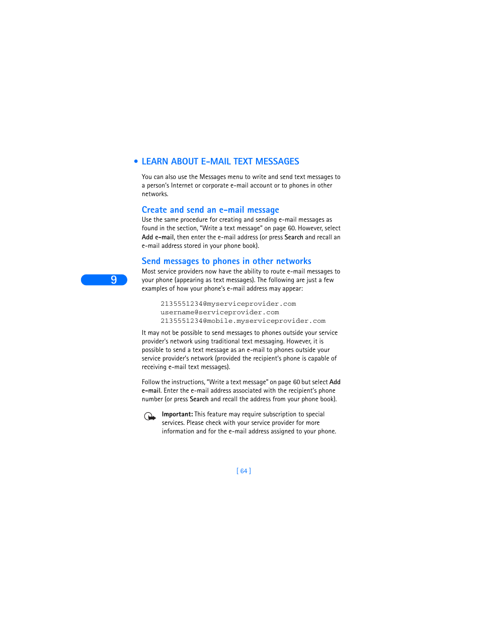 Learn about e-mail text messages, Create and send an e-mail message, Send messages to phones in other networks | Nokia 6385 User Manual | Page 70 / 194