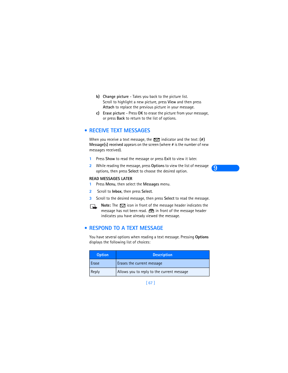 Receive text messages, Respond to a text message, Receive text messages respond to a text message | Nokia 6385 User Manual | Page 73 / 194