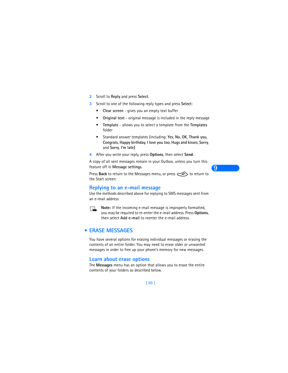 Replying to an e-mail message, Erase messages, Learn about erase options | Nokia 6385 User Manual | Page 75 / 194
